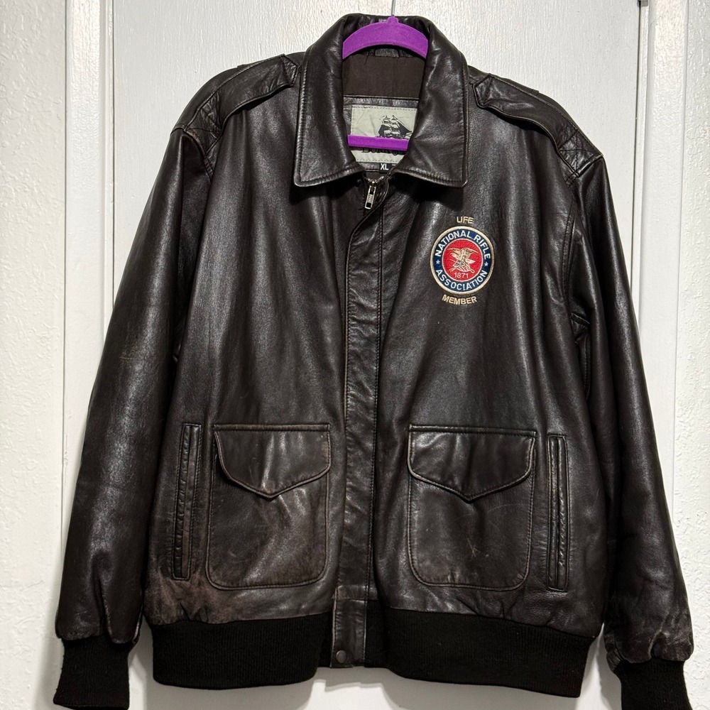 Burks Bay NRA Life Member Leather Bomber Jacket Mens XL Brown Flight Jacket